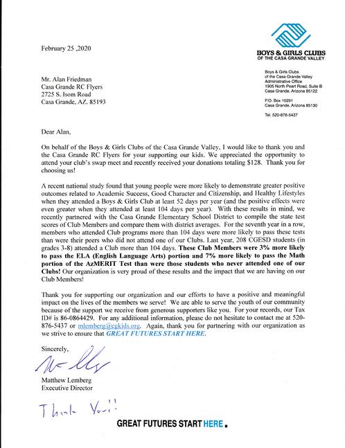 Boys & Girls Clubs Of CAsa Grande Valley Thank You Letter