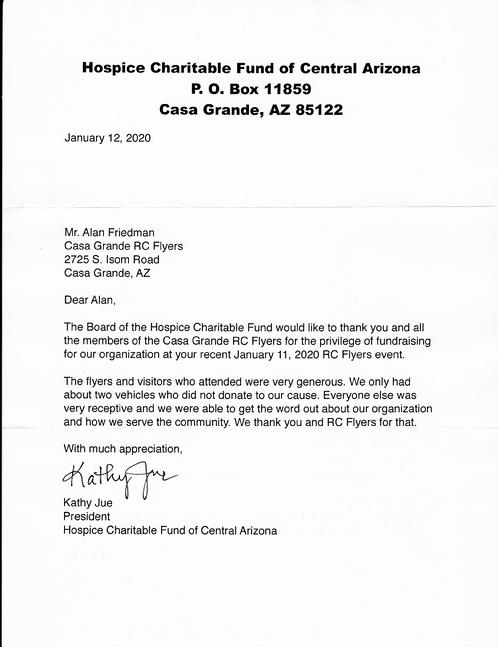 Thank You Letter From Hospice Charitable Fund Of Central Arizona