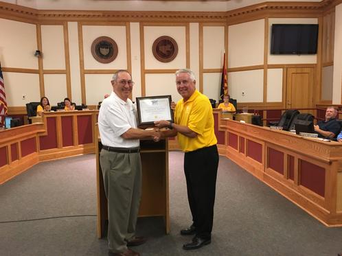 Club President, Alan Friedman (L) Presented Our Gold Level Leaders Club Plaque To The Casa Grande Mayor Craig McFarland (R) On 9-5-17