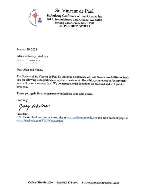 St. Vincent de Paul Food Bank thank you letter, Janaury 2024
