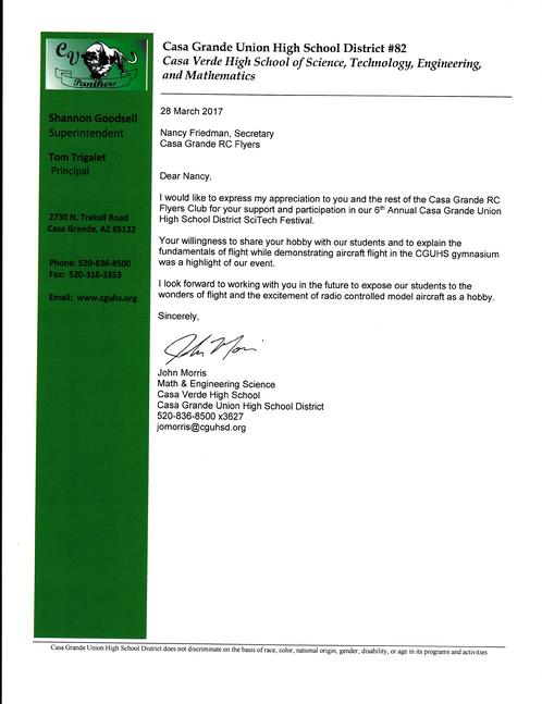 Union High School Thank You Letter